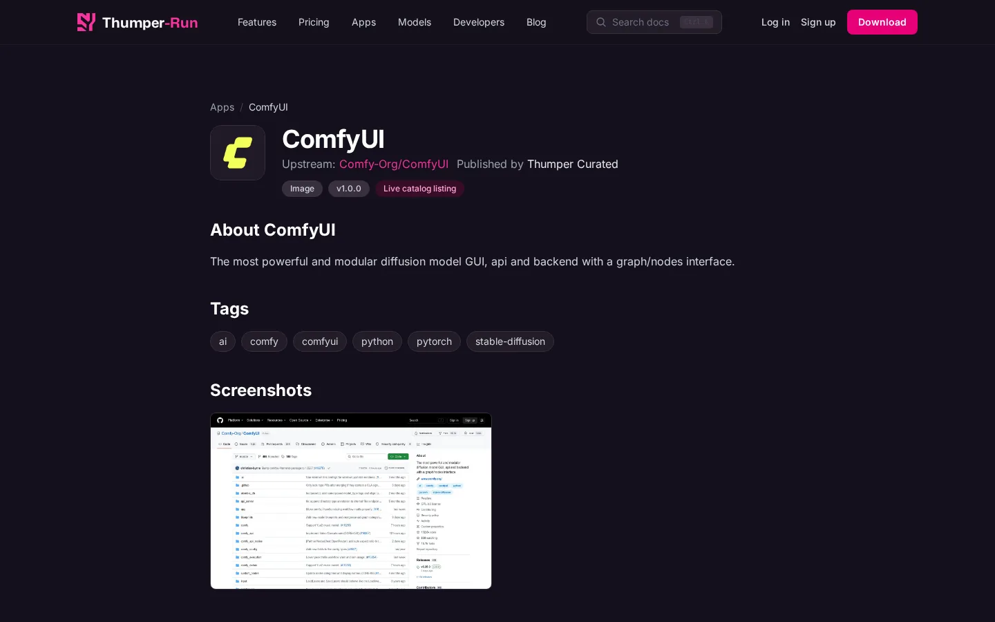 The ComfyUI listing on app.thumper.run: title, upstream and publisher line, category and tags